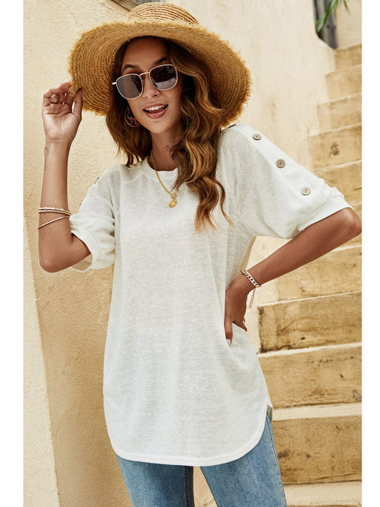 Loose Round Neck Button Casual Half-Sleeve T-Shirt TSH2303030056WHIS White / 2 (S)