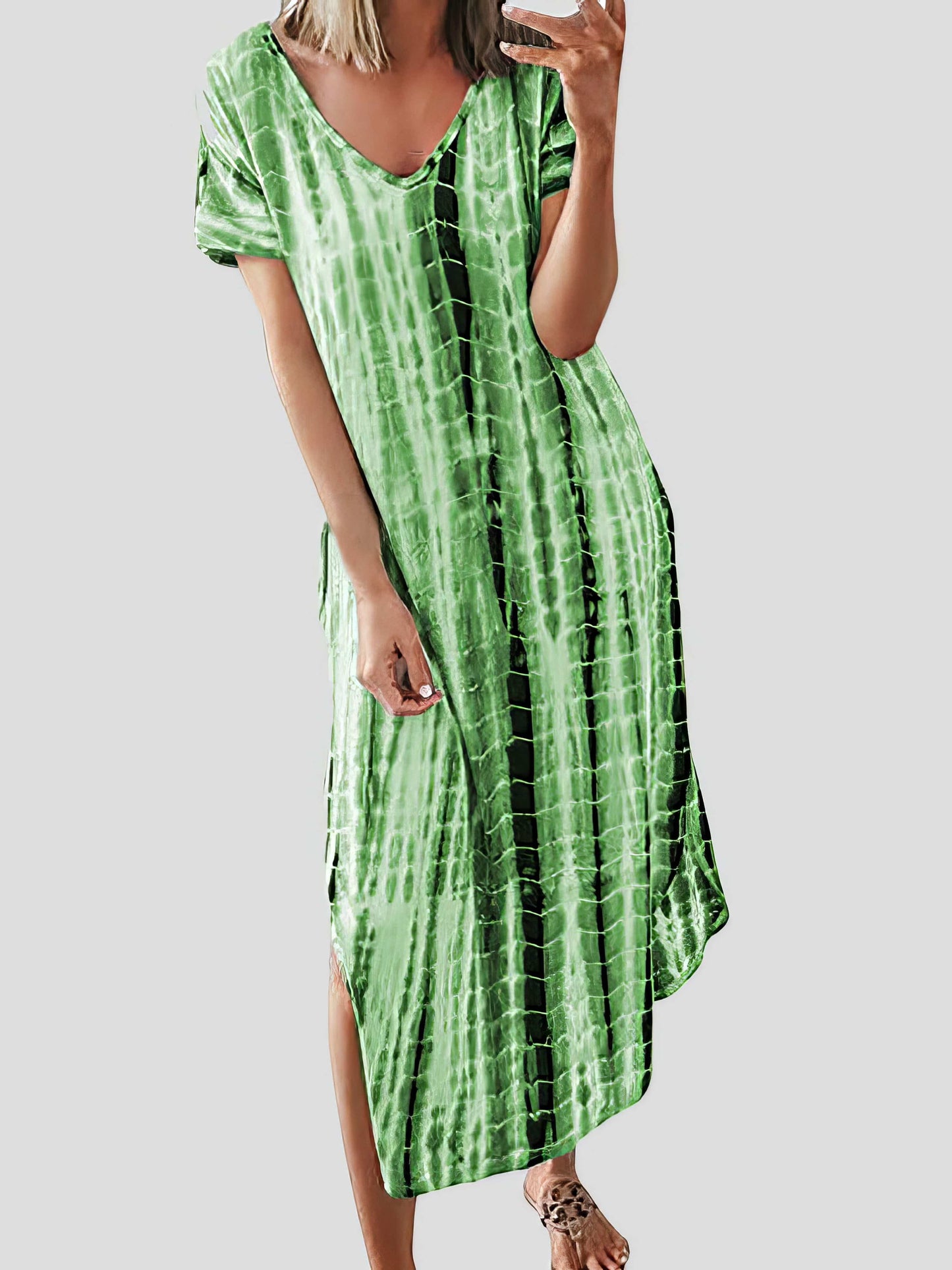 Loose Tie-Dye Printed V-Neck Split Dress DRE2107121865GRES Green / 2 (S)