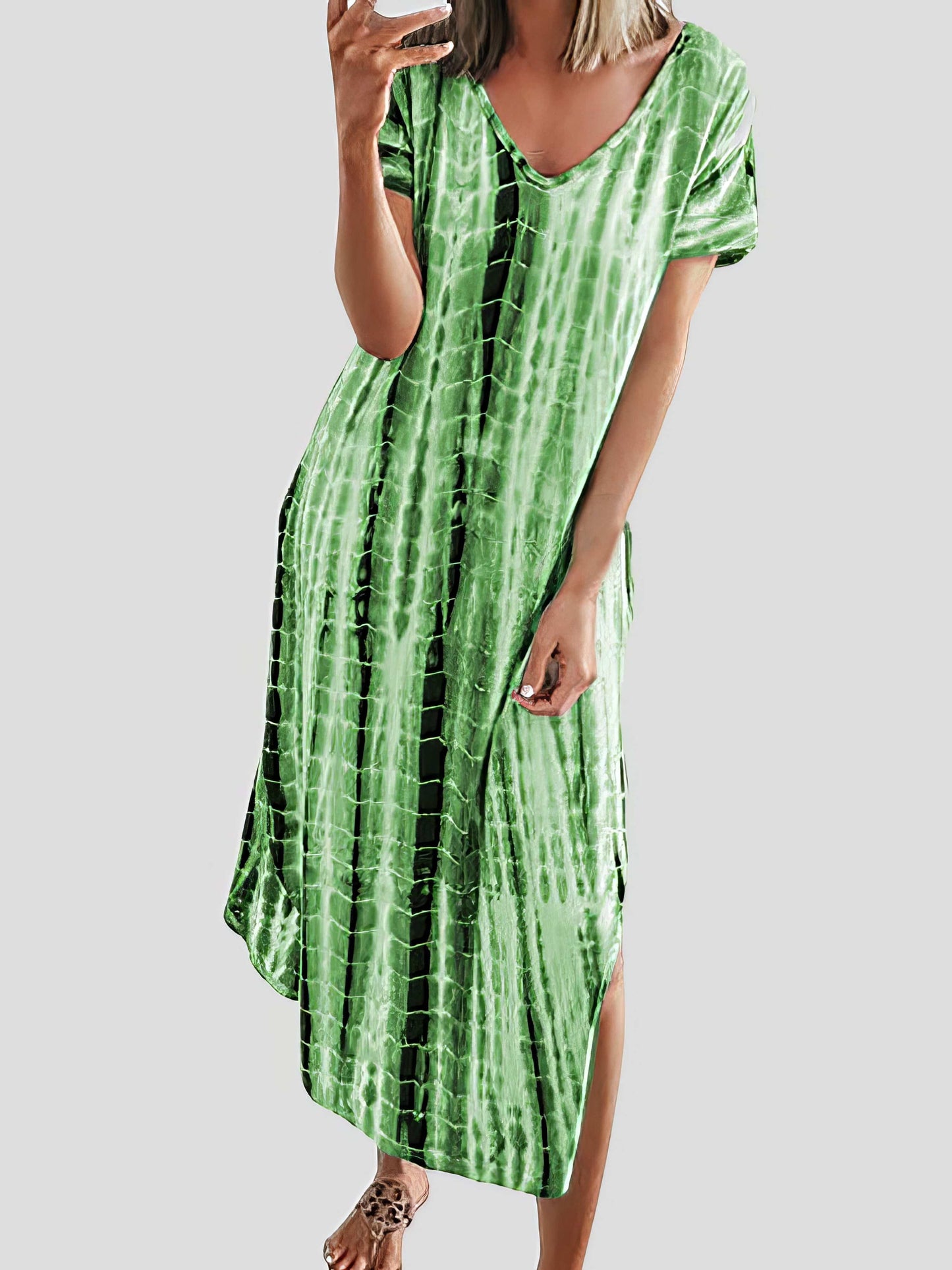 Loose Tie-Dye Printed V-Neck Split Dress