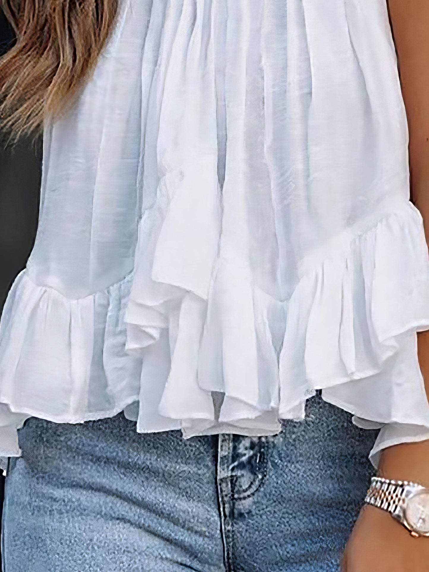 Mock Neck Ruched Ruffles Sleeveless Casual Top