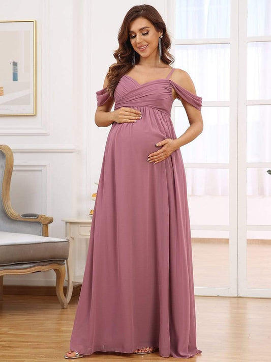 Off-Shoulder Spaghetti Strap A-Line Maternity Dress DRE2310040003RBN4 RosyBrown / 4