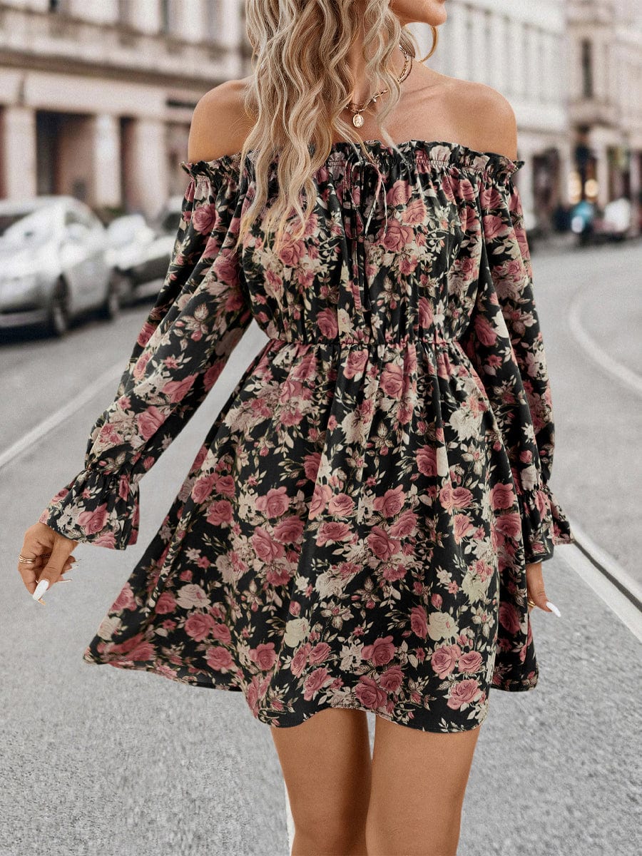 One Shoulder Comfortable And Casual Mini Dress A-Line Gypsy Bishop Poet Straight Across Off-Shoulder Paneled Dress