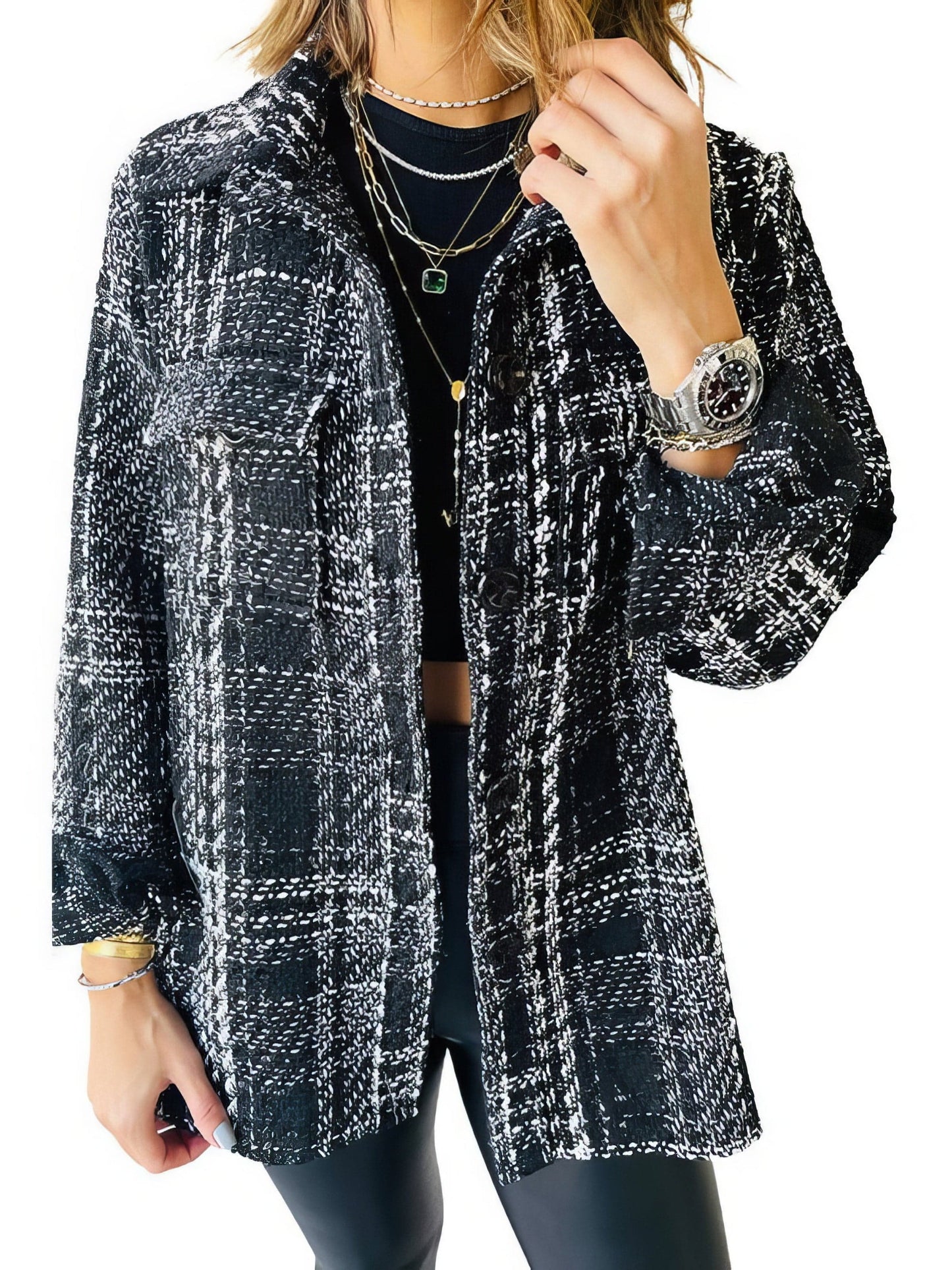 Plaid Lapel Loose Button Long Sleeves Coat COA2212161478BLAS Black / 2 (S)