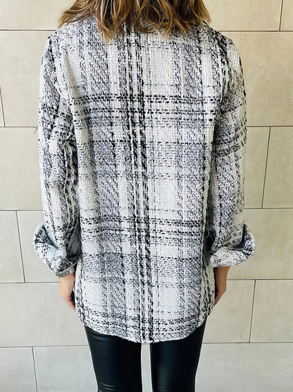 Plaid Lapel Loose Button Long Sleeves Coat