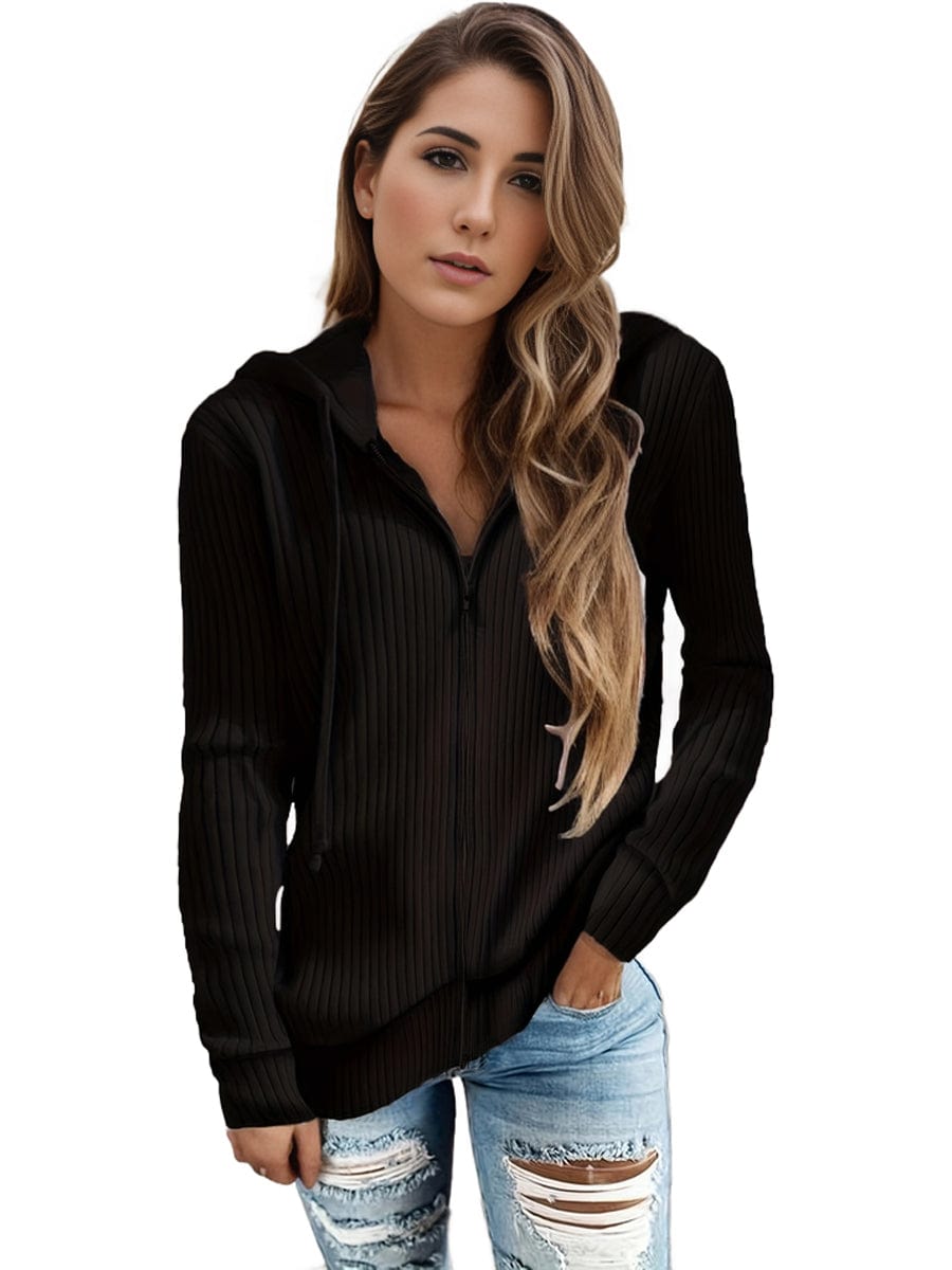 Plus Size Casual Coat, Women's Plus Solid Ribbed Zip Up Long Sleeve Drawstring Hoodie Sweater