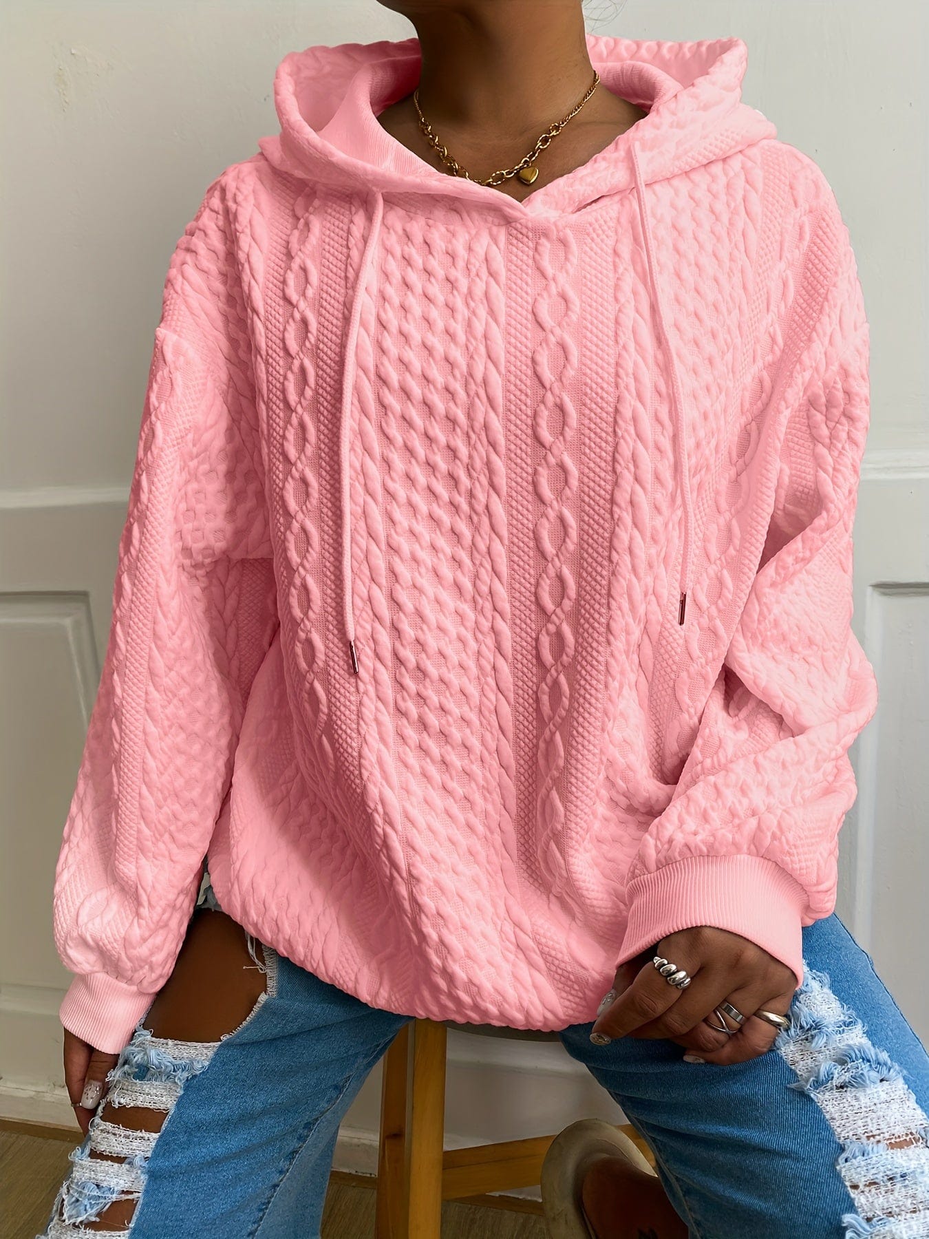 Plus Size Casual Hoodie, Women's Plus Solid Ribbed Long Sleeve Slight Stretch Hoodie Drawstring Sweatshirt PLU2309A6025PNK0XL(12) Pink / 0XL(12)