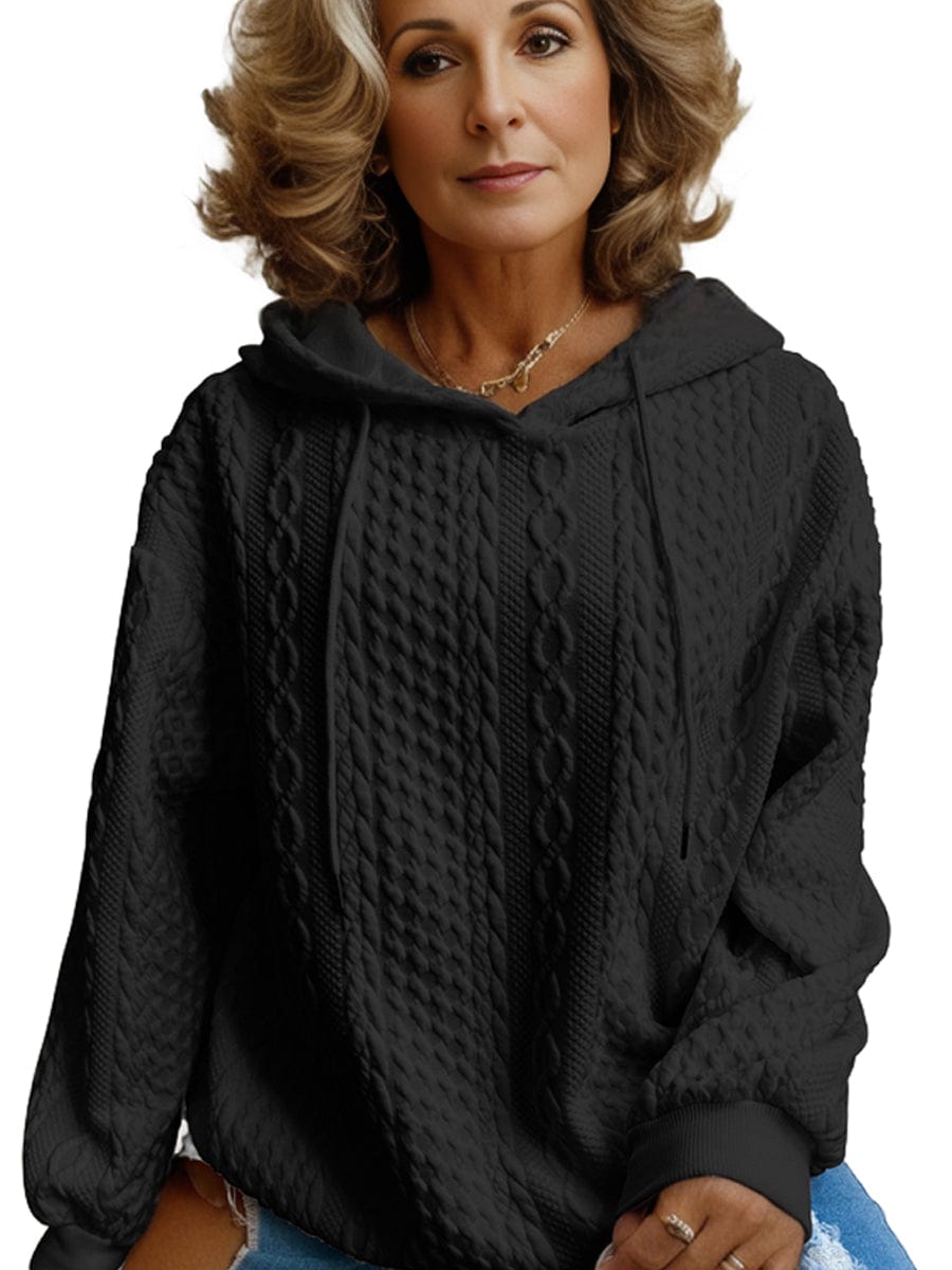 Plus Size Casual Hoodie, Women's Plus Solid Ribbed Long Sleeve Slight Stretch Hoodie Drawstring Sweatshirt
