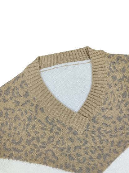 Plus Size Casual Sweater, Women's Plus Colorblock Leopard Print V Neck Long Sleeve Pullover Sweater