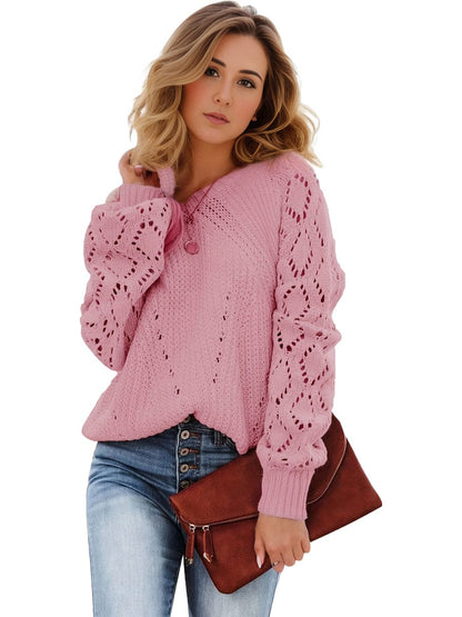Plus Size Casual Sweater, Women's Plus Solid Eyelet Embroidered Lantern Sleeve Round Neck Slight Stretch Sweater