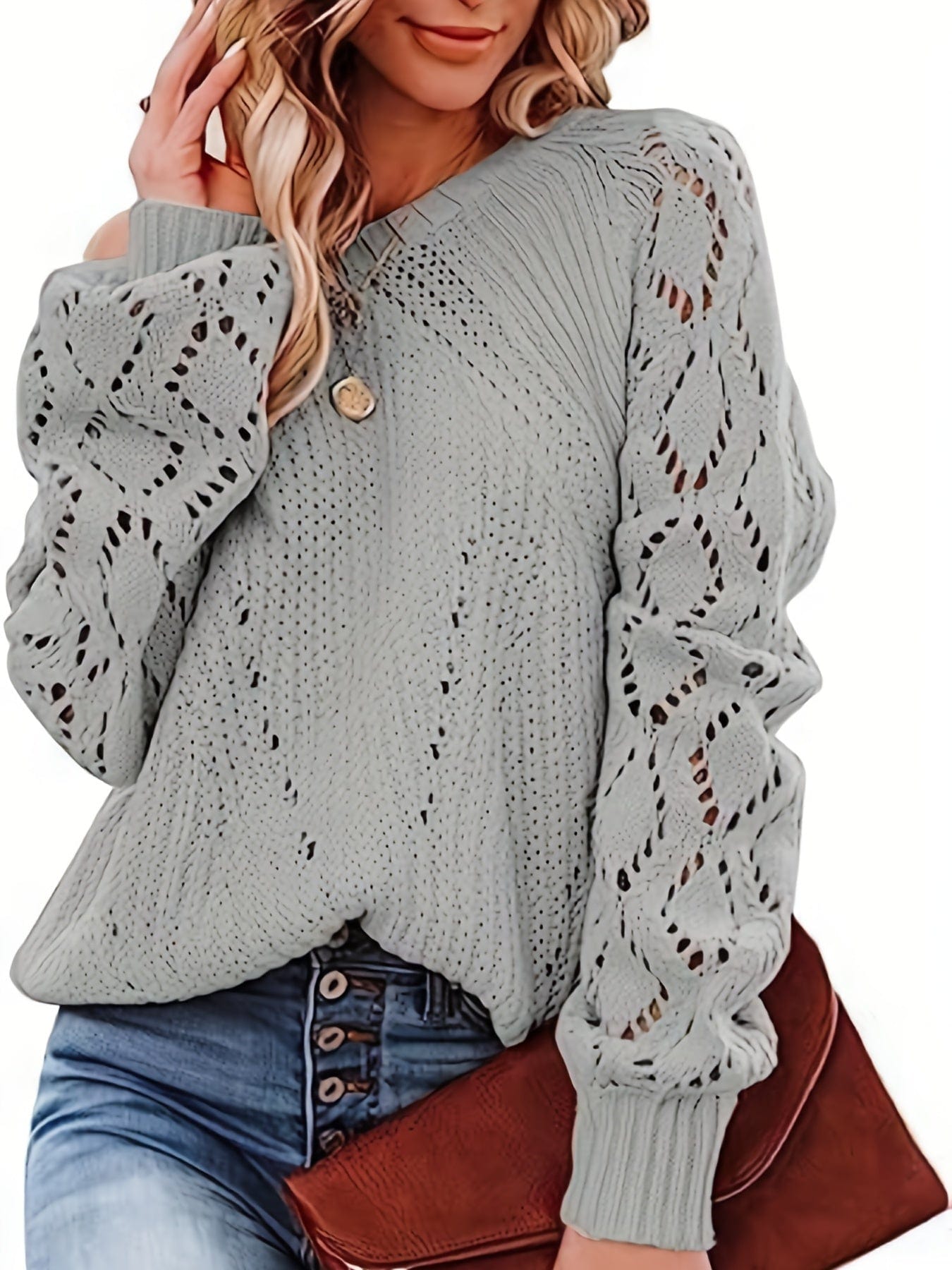 Plus Size Casual Sweater, Women's Plus Solid Eyelet Embroidered Lantern Sleeve Round Neck Slight Stretch Sweater PLU2309A3401SPG0XL(12) LightGray / 0XL(12)