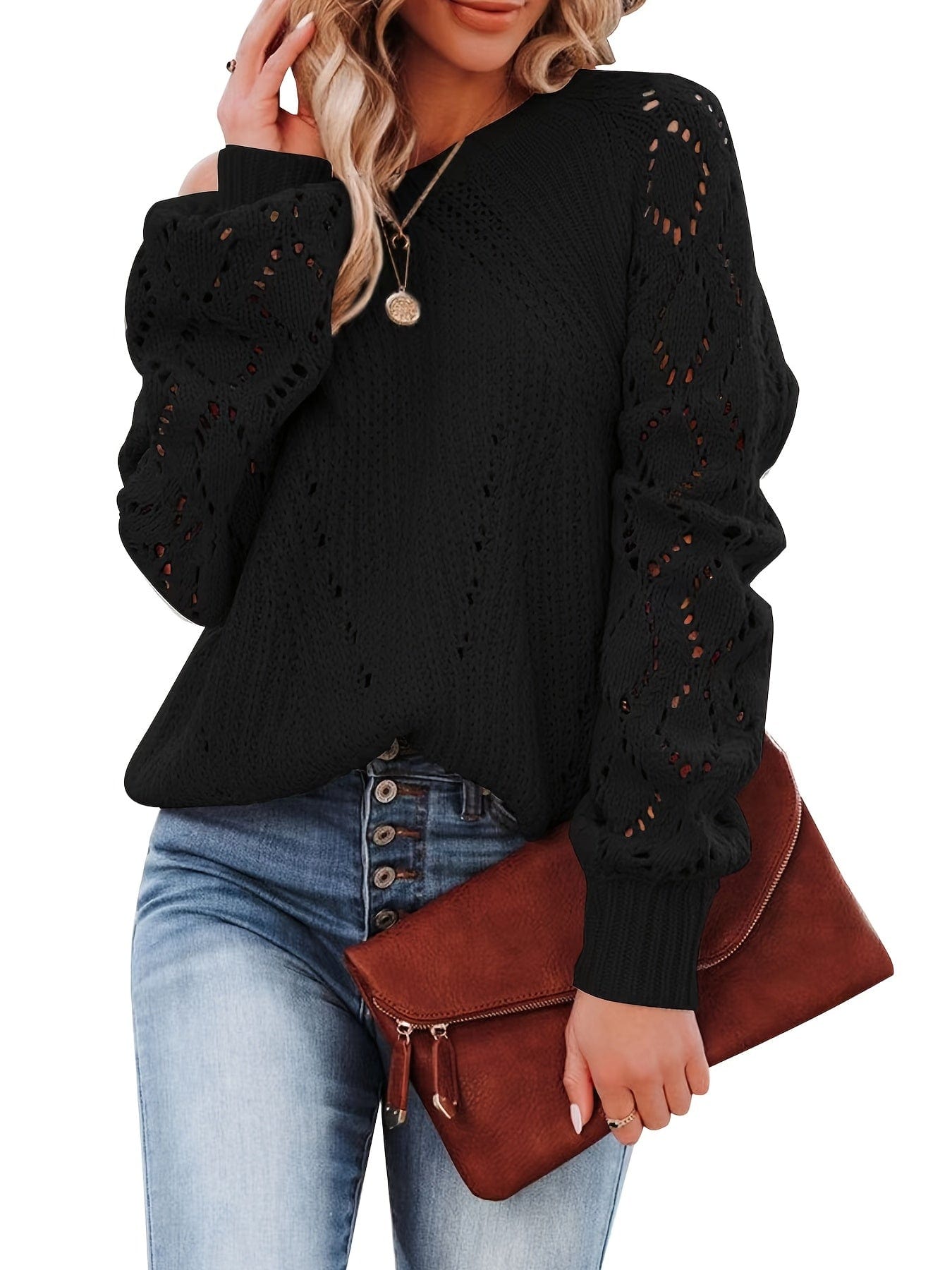 Plus Size Casual Sweater, Women's Plus Solid Eyelet Embroidered Lantern Sleeve Round Neck Slight Stretch Sweater PLU2309A3419BLK0XL(12) Black / 0XL(12)