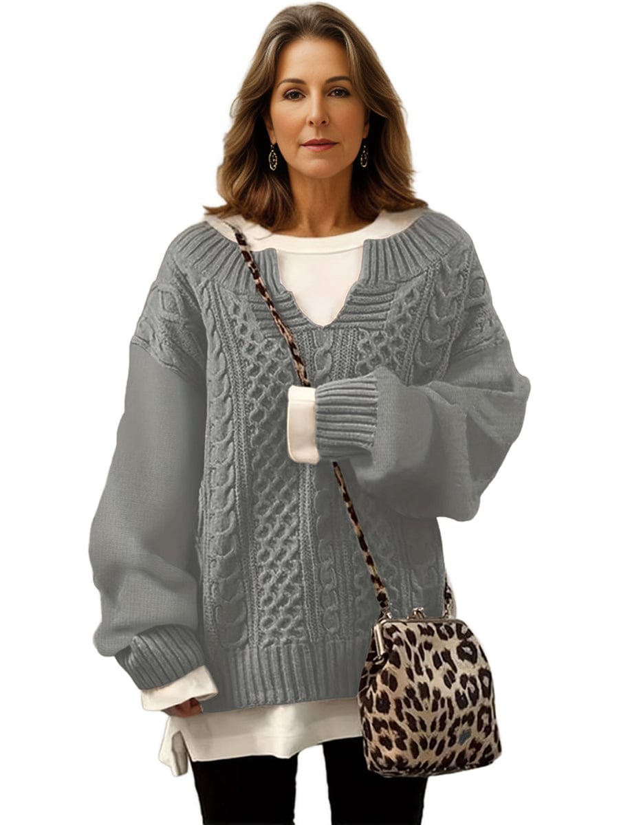 Plus Size Casual Sweater, Women's Plus Solid Jacquard Long Sleeve Notched Neck Slight Stretch Sweater
