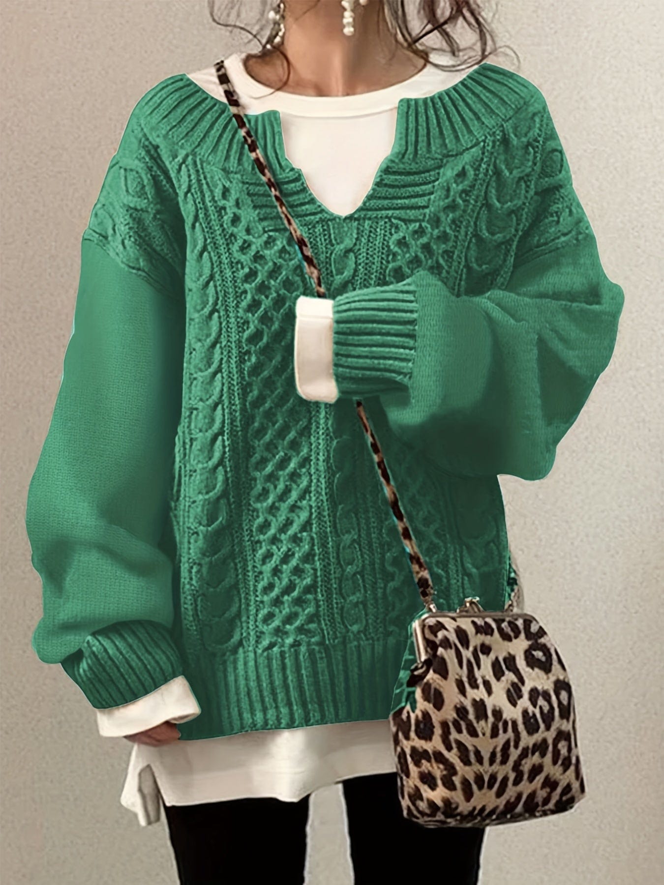 Plus Size Casual Sweater, Women's Plus Solid Jacquard Long Sleeve Notched Neck Slight Stretch Sweater PLU2309A2106GRD1XL(14) Green / 1XL(14)
