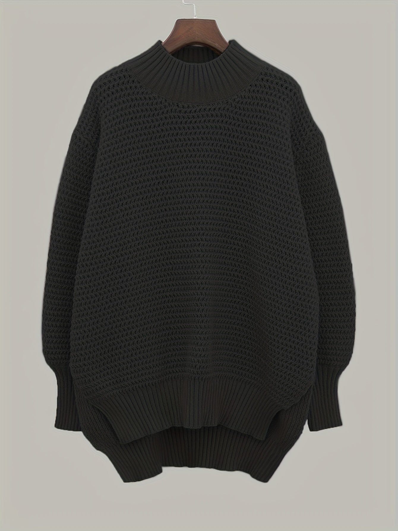 Plus Size Casual Sweater, Women's Plus Solid Long Sleeve Round Neck Split Hem Medium Stretch Sweater
