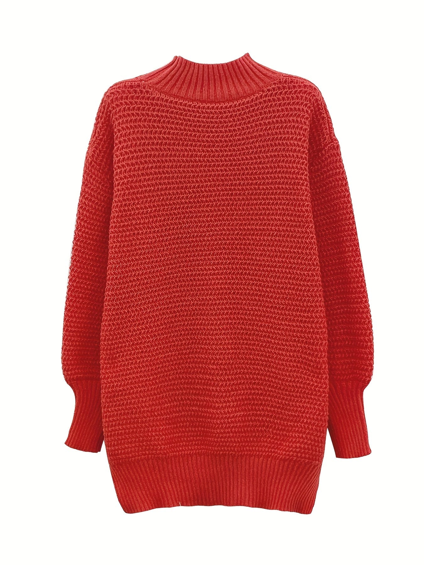Plus Size Casual Sweater, Women's Plus Solid Long Sleeve Round Neck Split Hem Medium Stretch Sweater