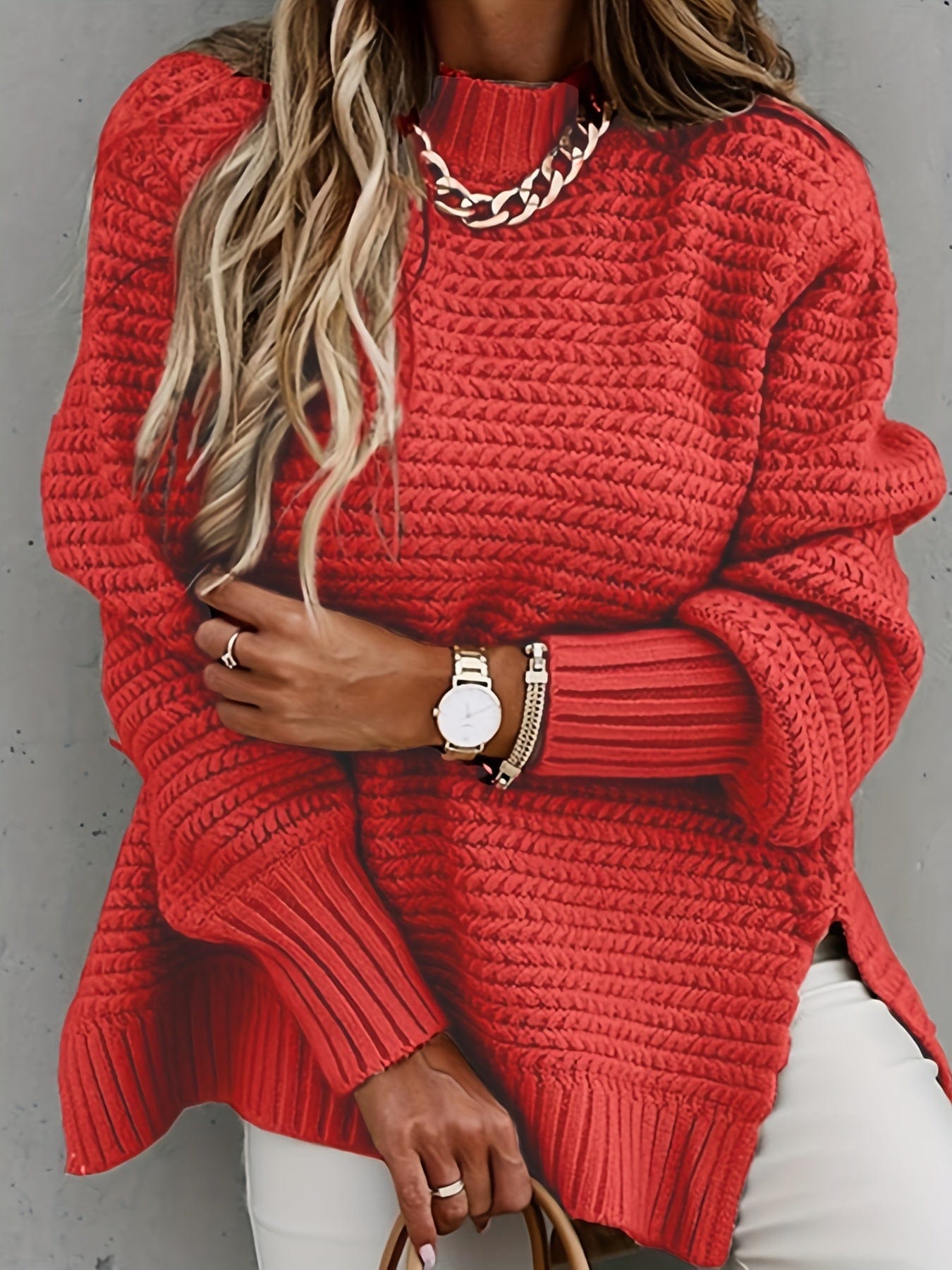 Plus Size Casual Sweater, Women's Plus Solid Long Sleeve Round Neck Split Hem Medium Stretch Sweater PLU2309A3101RED1XL(14) Red / 1XL(14)