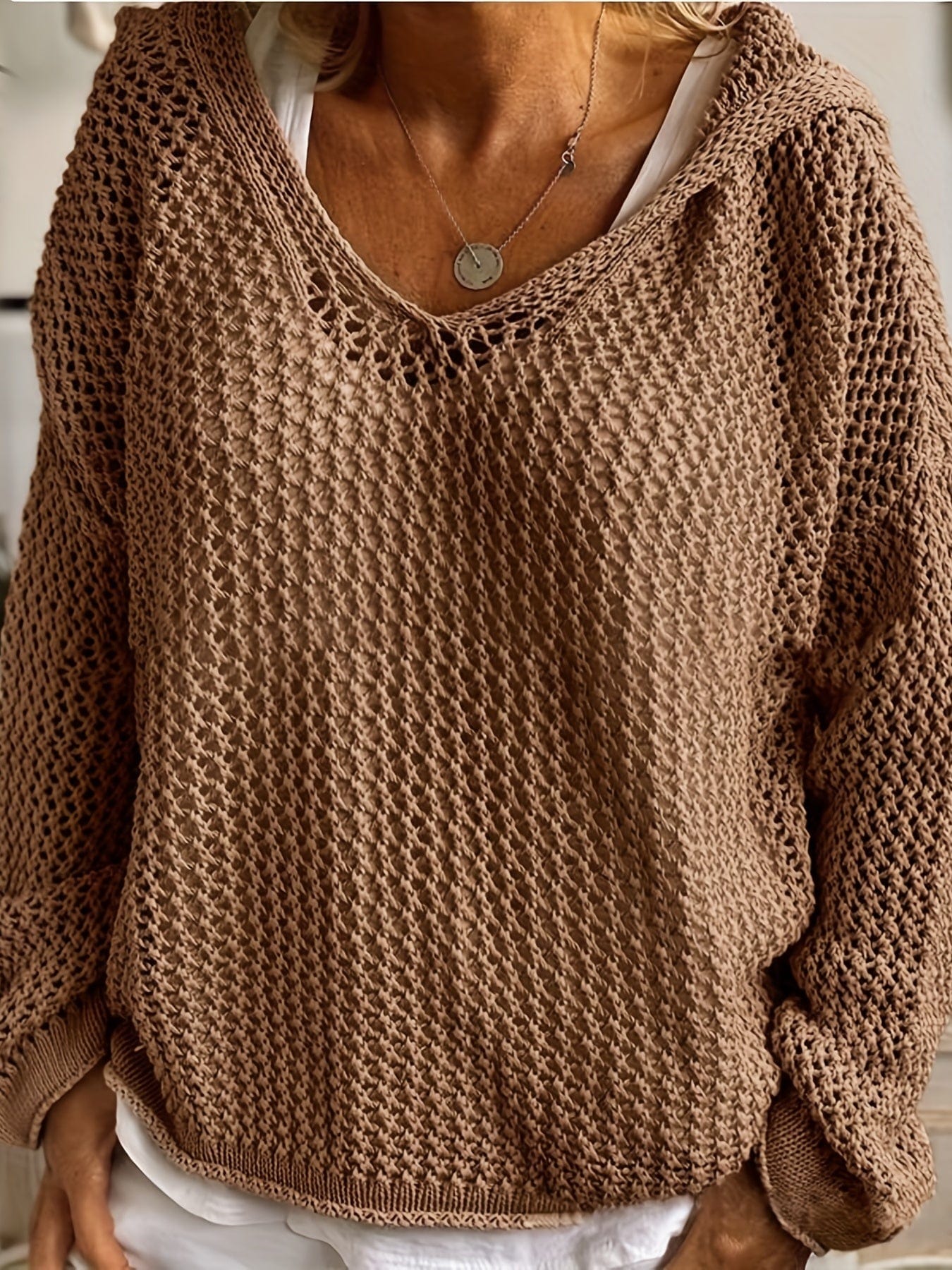 Plus Size Casual Sweater, Women's Plus Solid Long Sleeve Slight Stretch Hooded Sweater PLU2309A2801KHK1XL(14) Khaki / 1XL(14)