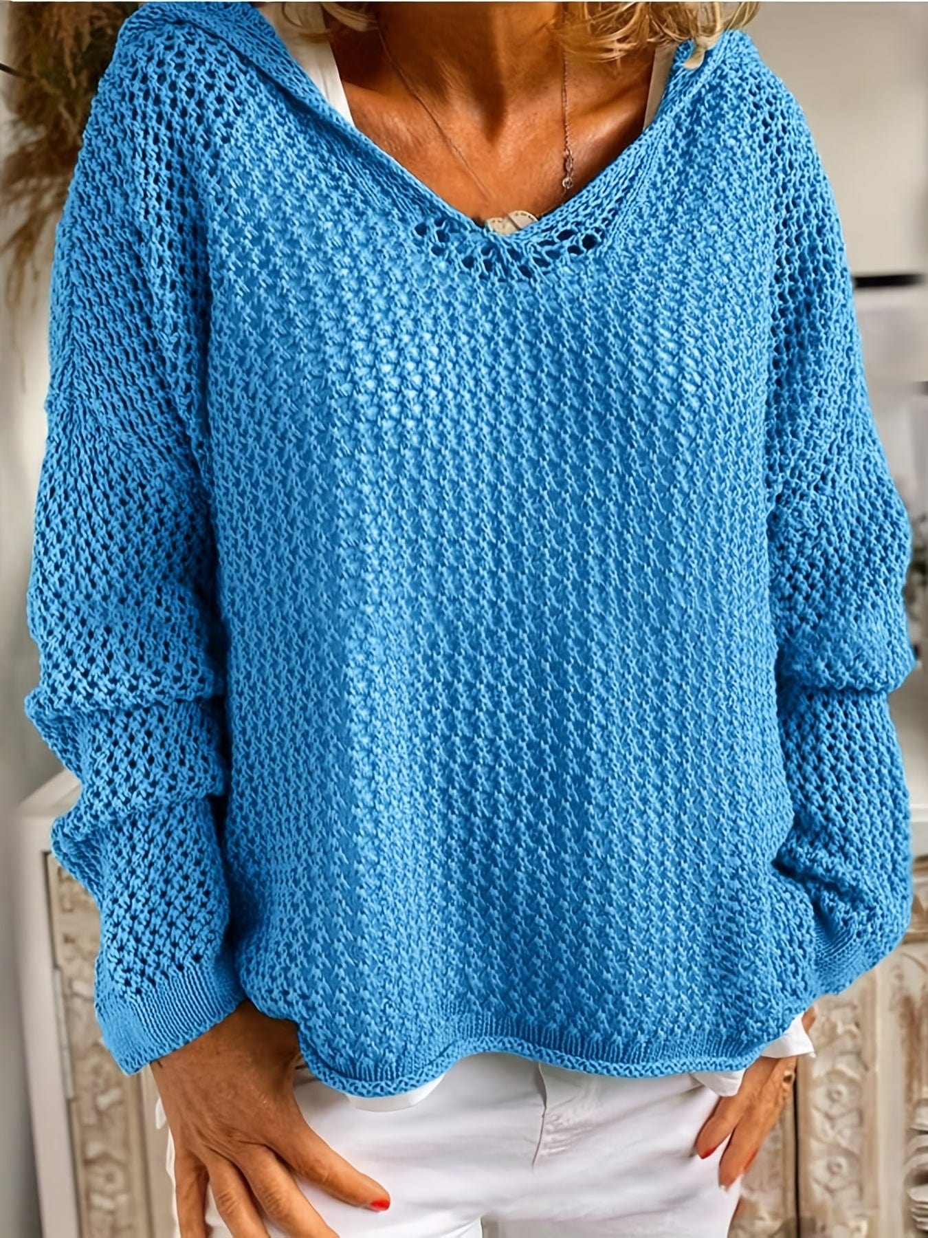 Plus Size Casual Sweater, Women's Plus Solid Long Sleeve Slight Stretch Hooded Sweater PLU2309A2821BLU1XL(14) Blue / 1XL(14)