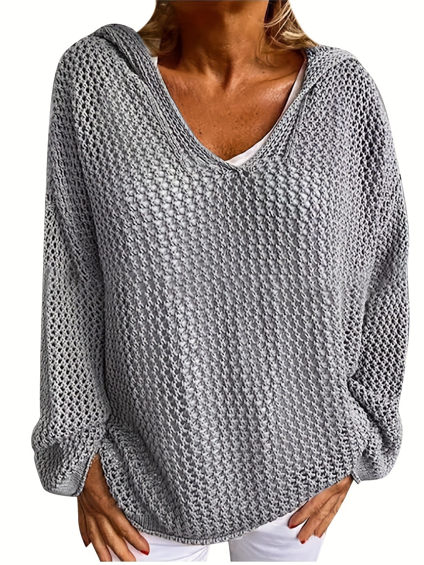 Plus Size Casual Sweater, Women's Plus Solid Long Sleeve Slight Stretch Hooded Sweater PLU2309A2816GRE1XL(14) Gray / 1XL(14)