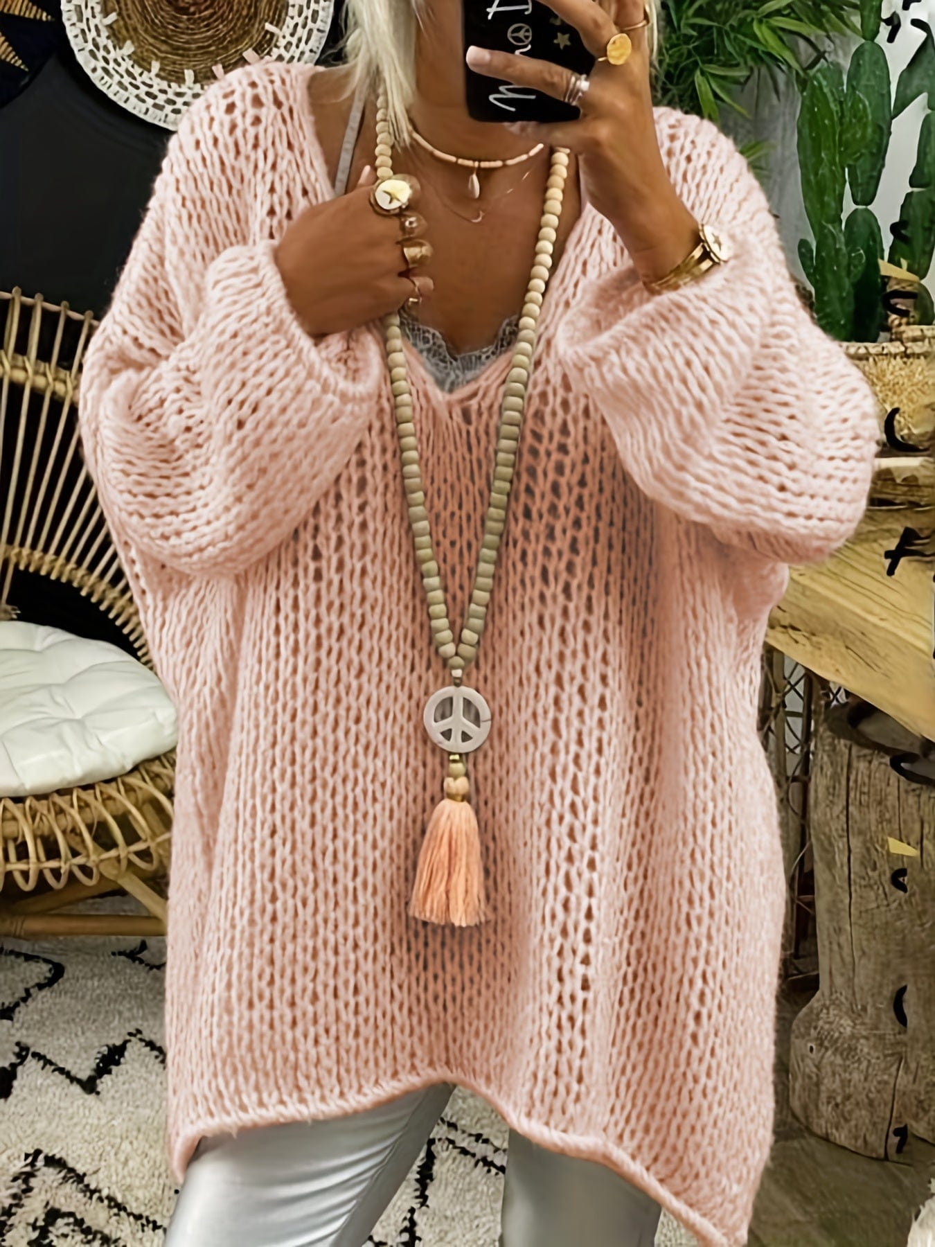 Plus Size Casual Sweater, Women's Plus Solid Long Sleeve V Neck Oversized Jumper PLU2309A1701PNK1XL(14) Pink / 1XL(14)