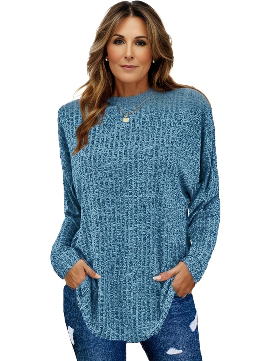 Plus Size Casual Sweater, Women's Plus Solid Ribbed Long Sleeve Round Neck Knit Top