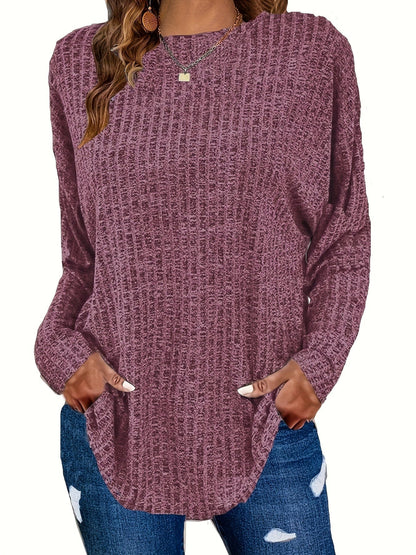 Plus Size Casual Sweater, Women's Plus Solid Ribbed Long Sleeve Round Neck Knit Top PLU2309A1613RDBPlus 1XL(14/16) Violet / Plus 1XL(14/16)