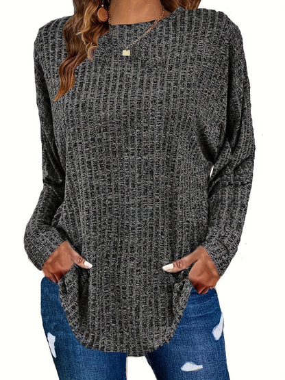 Plus Size Casual Sweater, Women's Plus Solid Ribbed Long Sleeve Round Neck Knit Top PLU2309A1605DGYPlus 1XL(14/16) DarkGray / Plus 1XL(14/16)