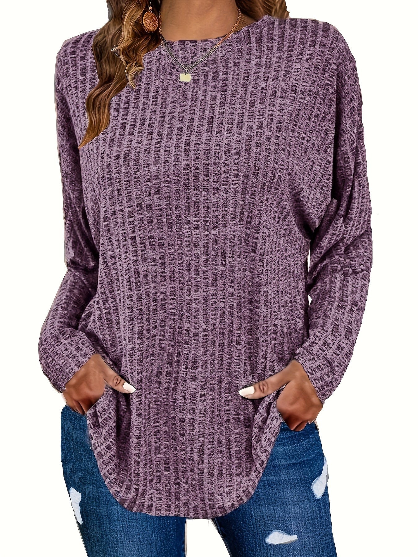 Plus Size Casual Sweater, Women's Plus Solid Ribbed Long Sleeve Round Neck Knit Top PLU2309A1601LVDPlus 1XL(14/16) Purple / Plus 1XL(14/16)