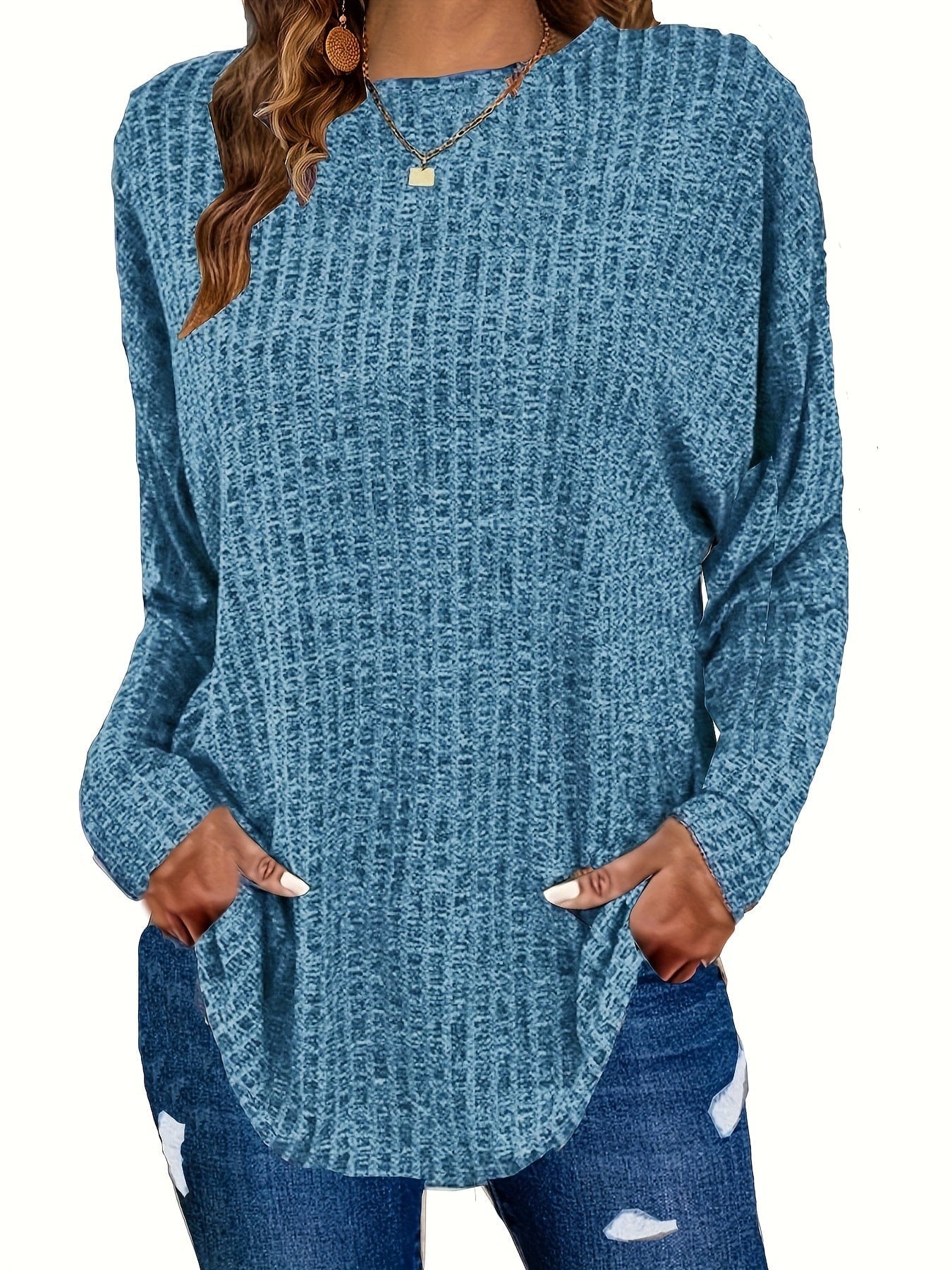 Plus Size Casual Sweater, Women's Plus Solid Ribbed Long Sleeve Round Neck Knit Top PLU2309A1609BLUPlus 1XL(14/16) Blue / Plus 1XL(14/16)