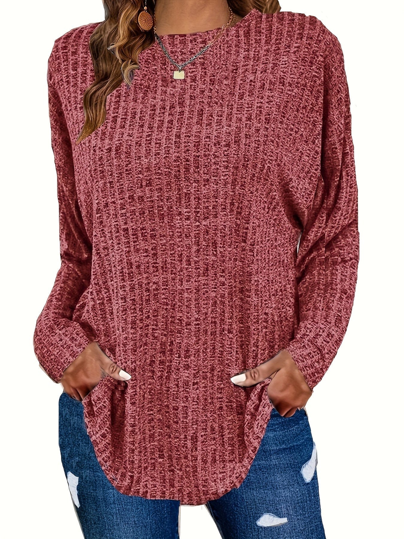 Plus Size Casual Sweater, Women's Plus Solid Ribbed Long Sleeve Round Neck Knit Top PLU2309A1617RDOPlus 1XL(14/16) DarkRed / Plus 1XL(14/16)