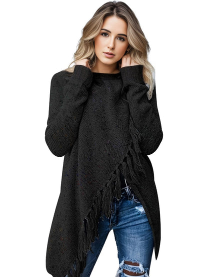Plus Size Casual Sweater, Women's Plus Solid Tassel Trim Long Sleeve Cowl Neck High Stretch Jumper