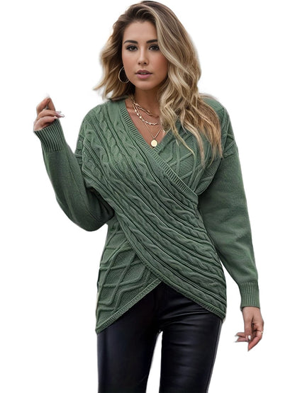 Plus Size Elegant Sweater, Women's Plus Solid Cable Drop Shoulder Long Sleeve Wrap Cross V Neck Jumper