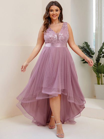 Plus Size Sequin High-Low Deep V Neck Tulle Evening Dresses DRE230974343POH16 RosyBrown / 16