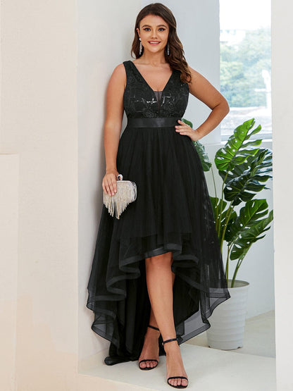 Plus Size Sequin High-Low Deep V Neck Tulle Evening Dresses DRE230974325BLK16 Black / 16