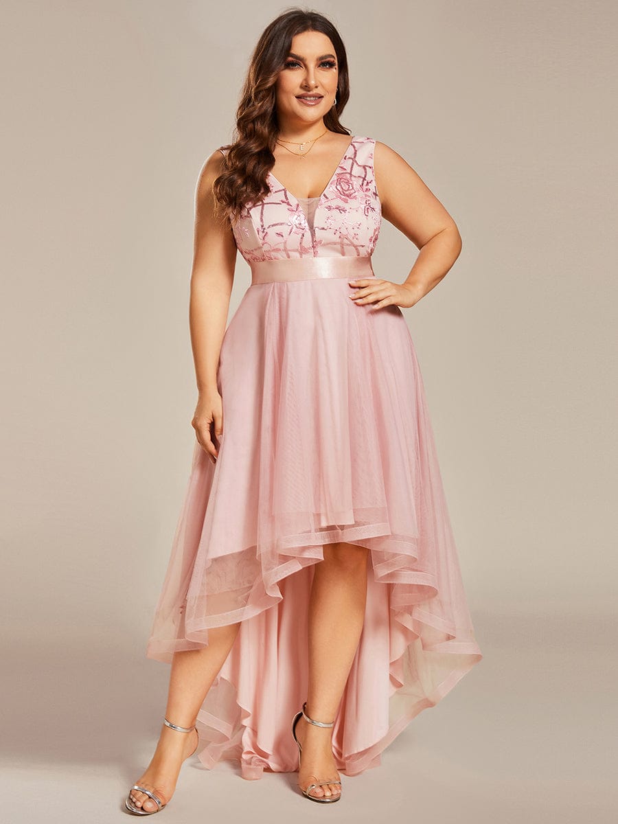 Plus Size Sequin High-Low Deep V Neck Tulle Evening Dresses DRE230974355PNK16 Pink / 16