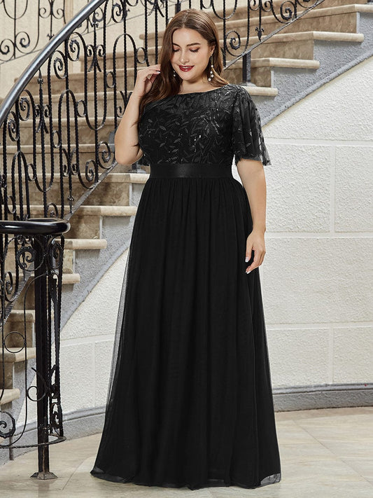 Plus Size Women's Embroidery Evening Dresses with Short Sleeve DRE230970101BLK16 Black / 16