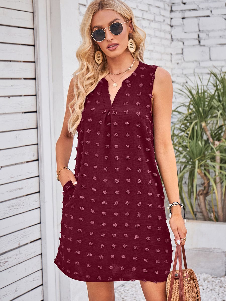 Pom V Neck Solid Color Sleeveless Mini Dress DRE2305020209DRES DarkRed / 2 (S)