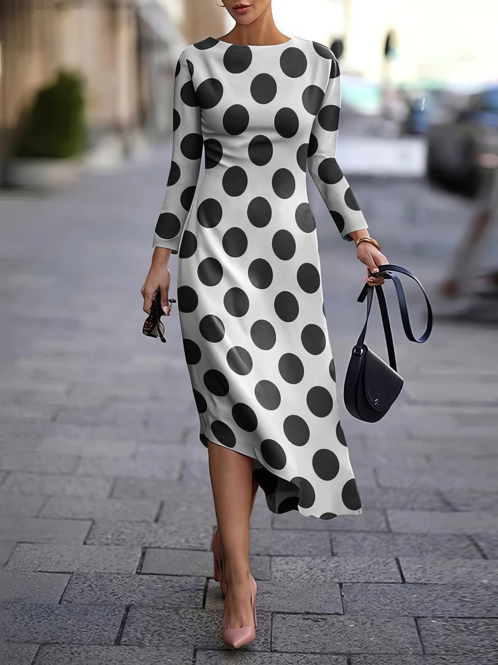 Printed Long Sleeve Irregular Dress DRE2209075368BLAS Black / 2 (S)