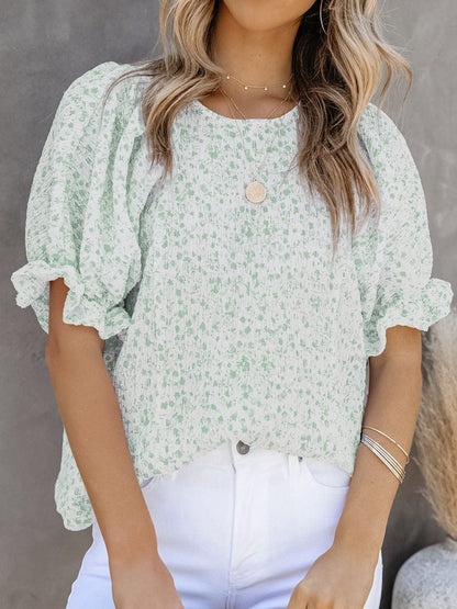 Printed Round Neck Puff Sleeve T-Shirt TSH2303150081GRES Green / 2 (S)