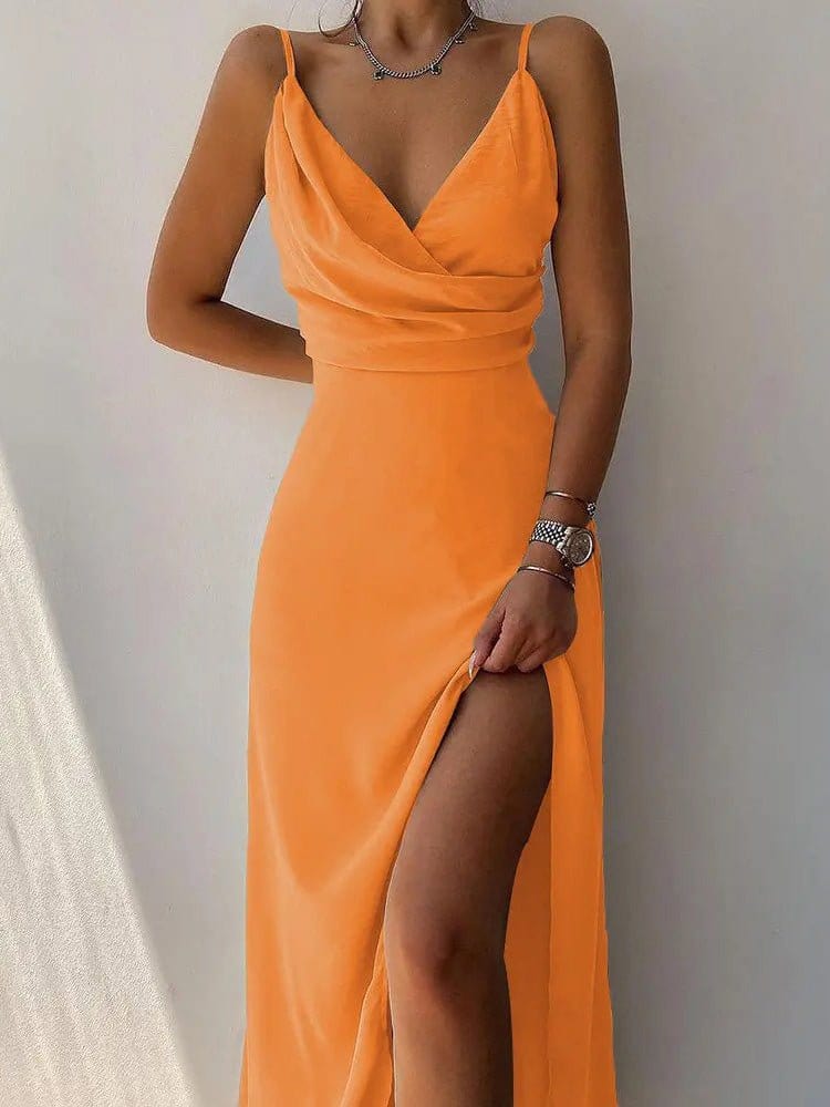 Printed Sling V-Neck Slit Dress DRE2204143958ORAS Orange / 2 (S)