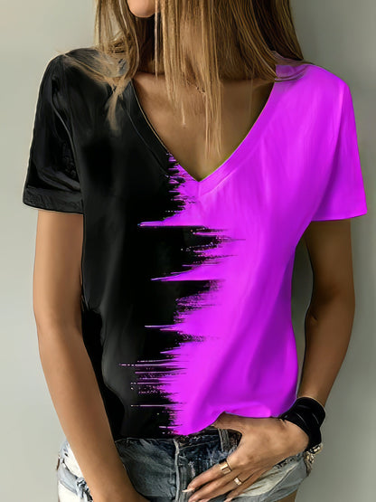 Printed V-Neck Short Sleeve T-Shirt TSH2204122366PURS Purple / 2 (S)