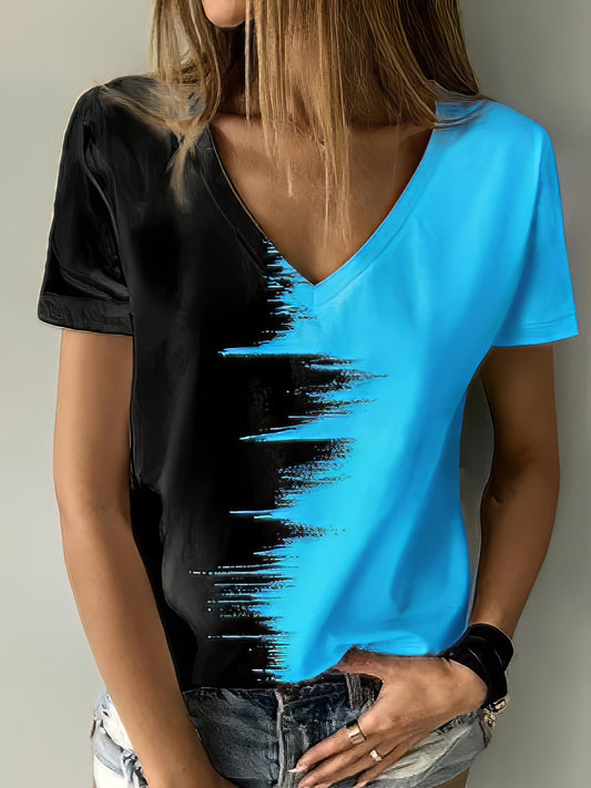 Printed V-Neck Short Sleeve T-Shirt TSH2204122366BLUS Blue / 2 (S)