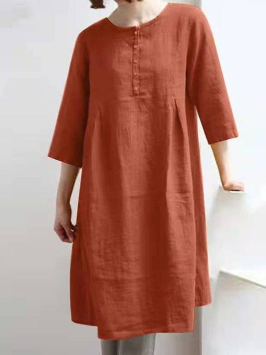 Retro Cotton Linen Solid Pleated Half Sleeve Mini Dress DRE2212055645ORAS Orange / 2 (S)