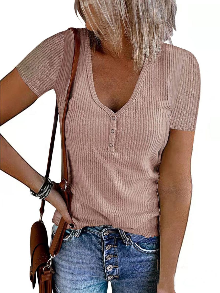 Ribbed Knit Button Solid Color T Shirt TSH2308070233PINS Pink / 2(S)