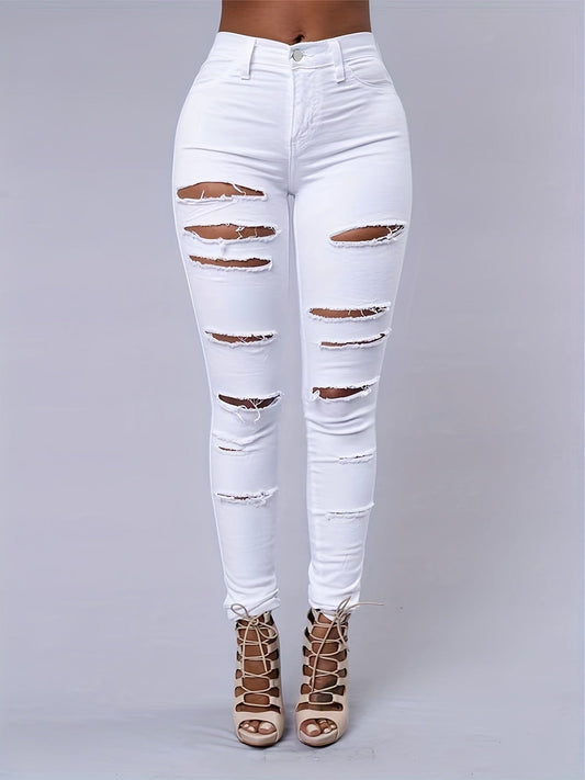 Ripped Mid Waist High-Stretch Skinny Retro Denim Jeans PAN231012145WHIS(4) White / S(4)