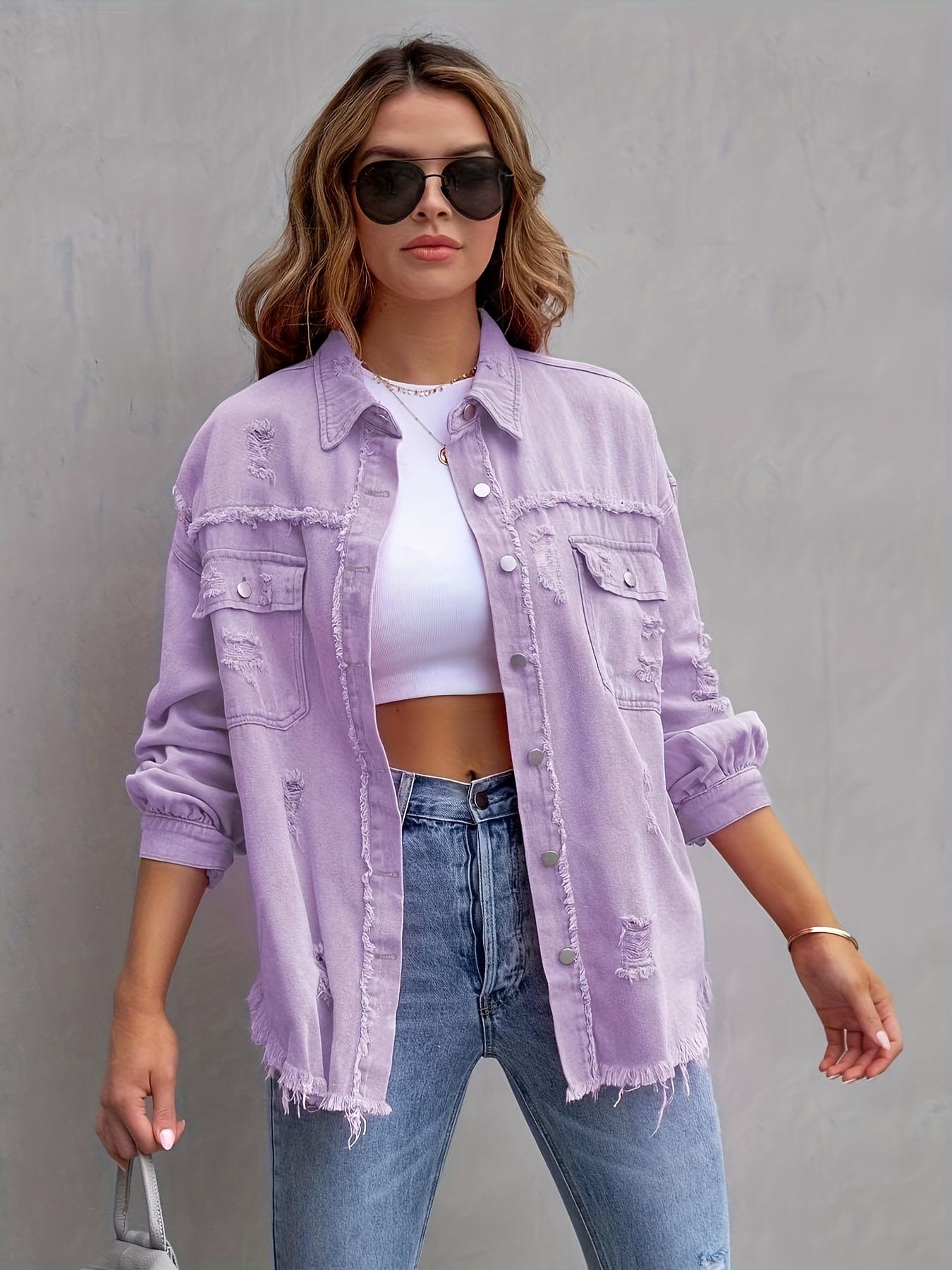 Ripped Raw Edge Distressed Collar Single-Breasted Button-Up Long Sleeve Denim Jacket PLU23092626VLTS(4) Violet / S(4)