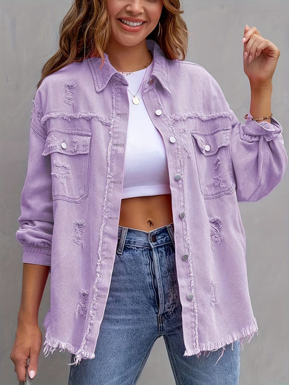 Ripped Raw Edge Distressed Collar Single-Breasted Button-Up Long Sleeve Denim Jacket