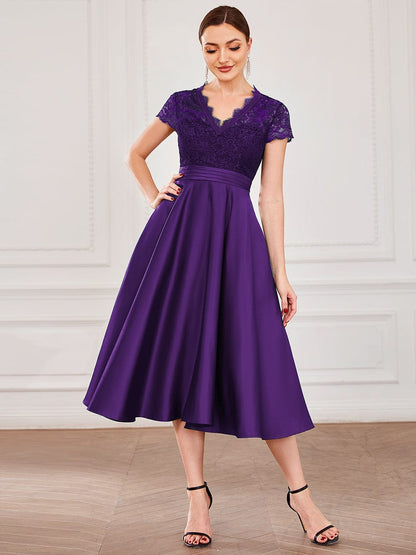 Romantic V-neck Lace Bodice Wedding Guest Dress with Pockets DRE230971913DPH4 Purple / 4