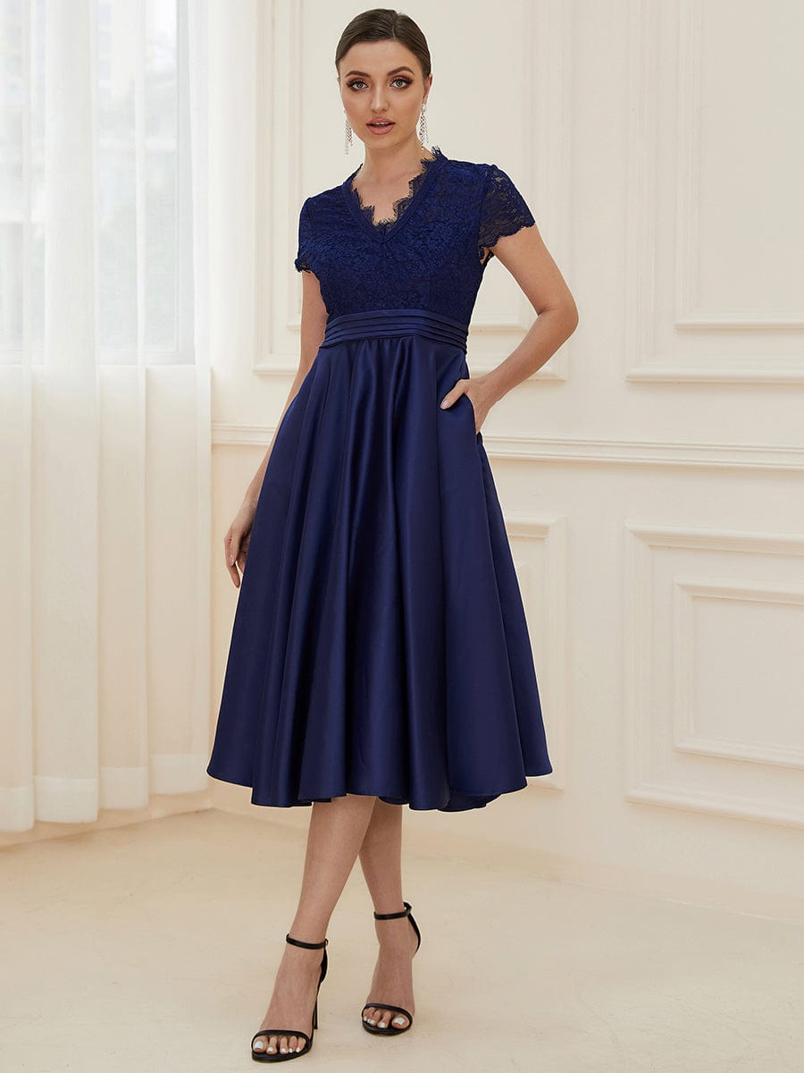 Romantic V-neck Lace Bodice Wedding Guest Dress with Pockets DRE230971937NBY4 Navy / 4