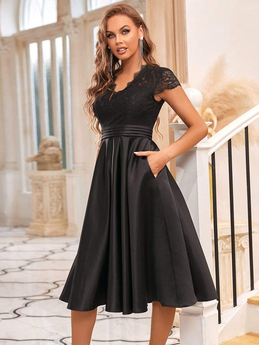 Romantic V-neck Lace Bodice Wedding Guest Dress with Pockets DRE230971949BLK4 Black / 4